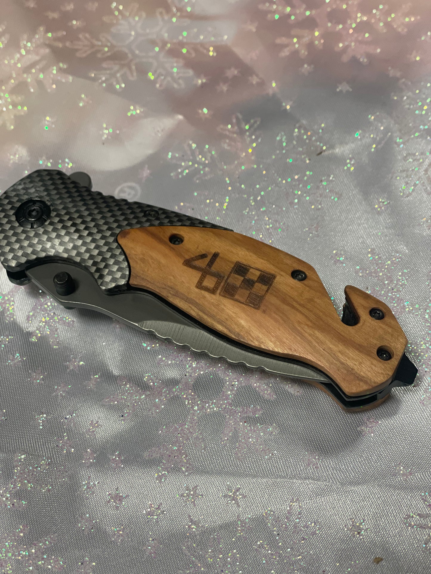 Engraved olive wood pocket knife with name or initials