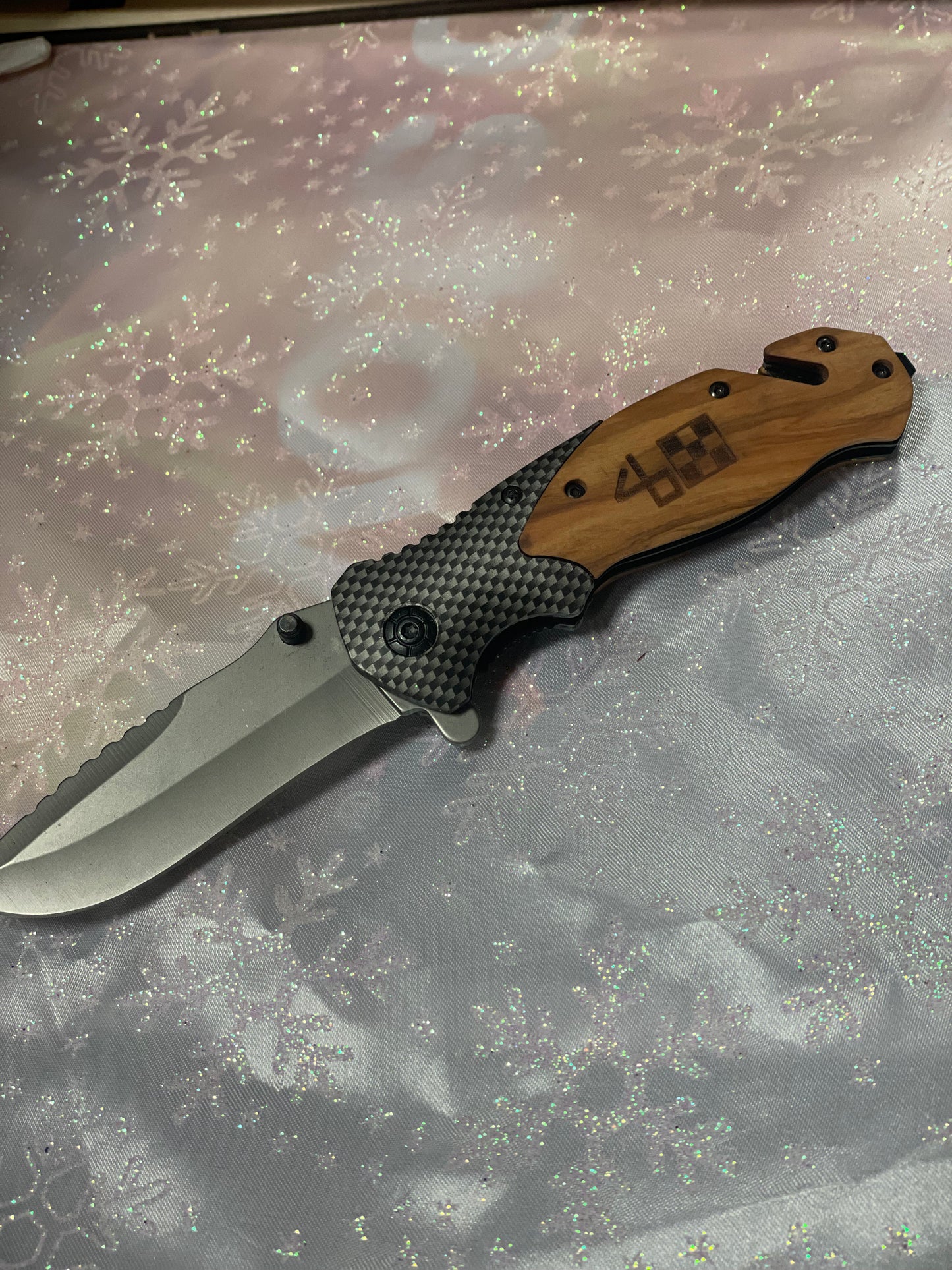 Engraved olive wood pocket knife with name or initials