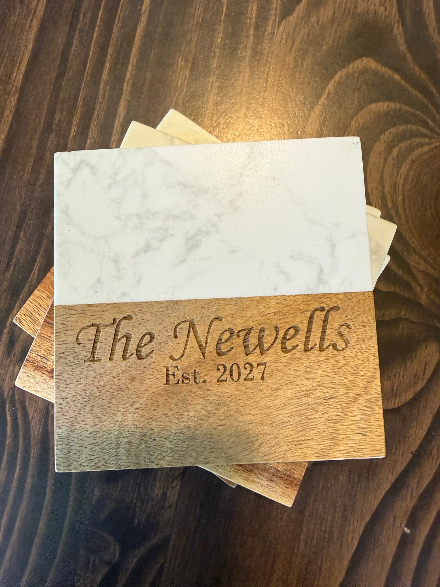 Customizable Engraved Marble & Wood Coaster Set