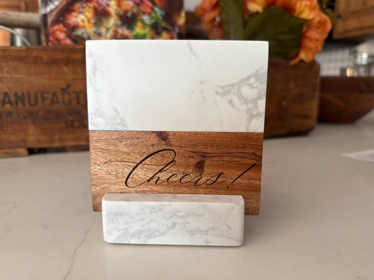 "Cheers!" Engraved Marble & Wood Coaster Set