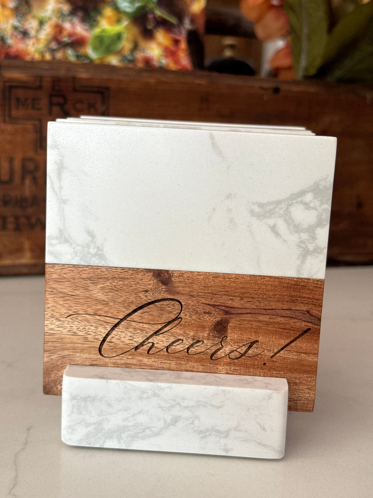 "Cheers!" Engraved Marble & Wood Coaster Set