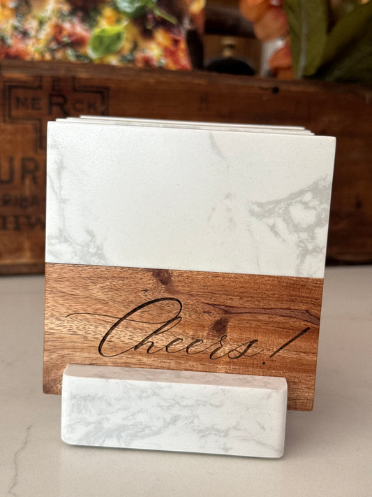"Cheers!" Engraved Marble & Wood Coaster Set