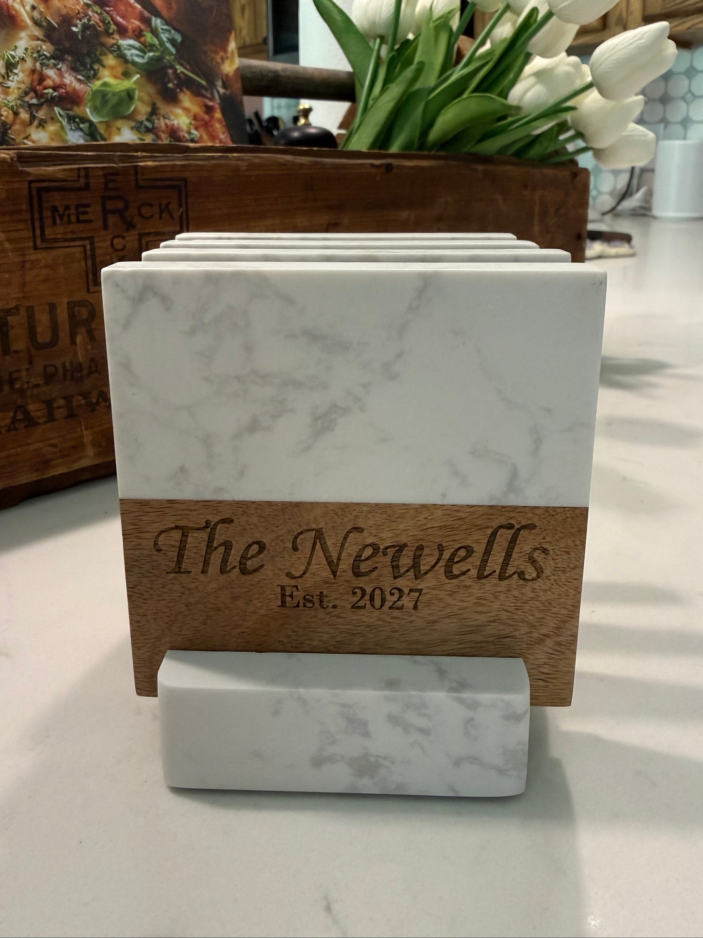 Customizable Engraved Marble & Wood Coaster Set
